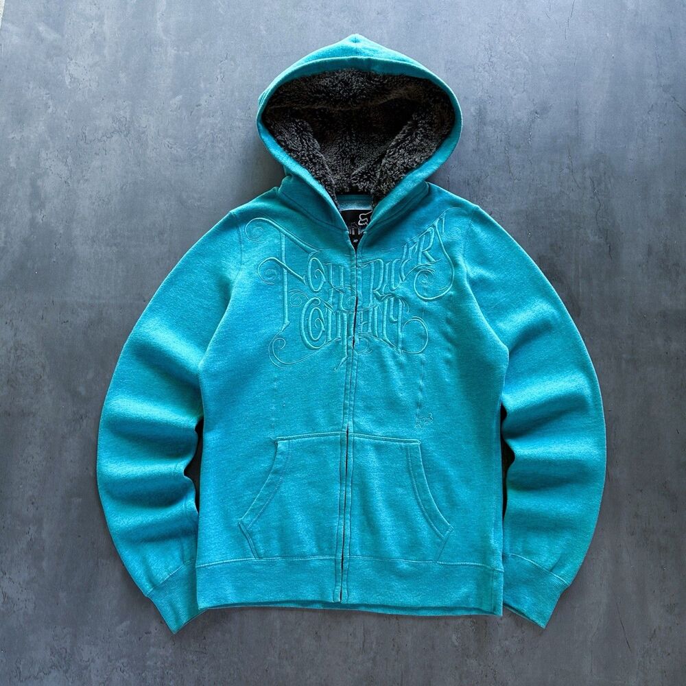 Vintage Y2K Fox Racing Womens Large Fur Lined Zip Hoodie Teal Moto Grunge